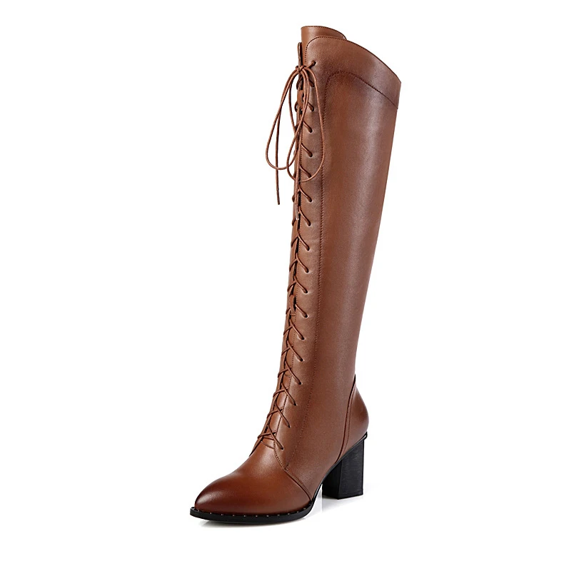 Full Grain Genuine Leather Handmade Cow Boots High Over The knee Black Shoes For Woman Short Plush Inside Zipper Med Heels