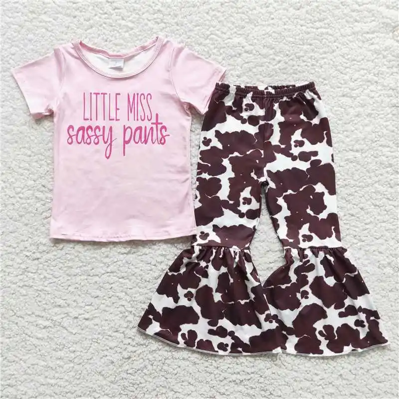 RTS Pink Letters Short-Sleeved Top Cow Novel Design Flared Pants Suit Pattern Girl Clothes | Детская одежда и обувь