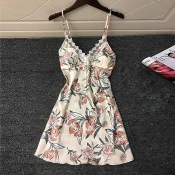 

Women Lace Satin Nightdress Flower Printing Bowknot Sleeveless Sleepwear Camisa de Noite Mulher 2019 New Hot Sale Drop Shipping