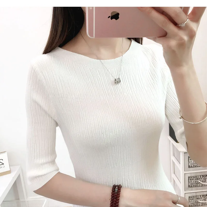 

Lcybhe New half-sleeved ice-silk knitted sweater with loose Korean version of Middle-Sleeve for students 19L