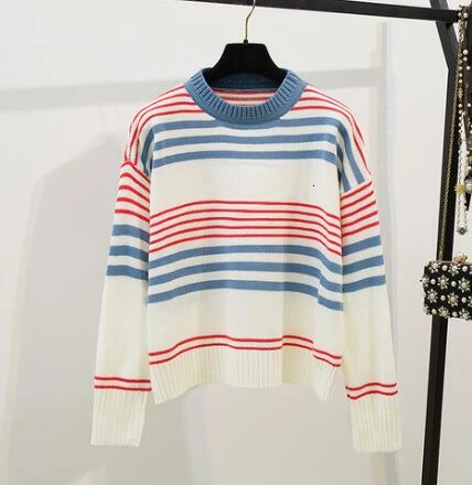 sweater Женский вязаный полосатый свитер и длинные брюки с эластичной резинкой на талии, Повседневный корейский Модный комплект из двух предметов для девочек, осенний Женский комплект - Цвет: sweater