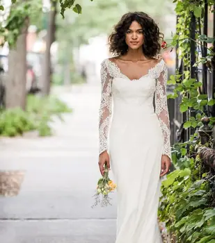 

Wedding Dress 2020 Long Sleeve Scoop White Lace Appliques Floor Length Simple Sheath Bridal Gowns Zipper For Women Gorgeous