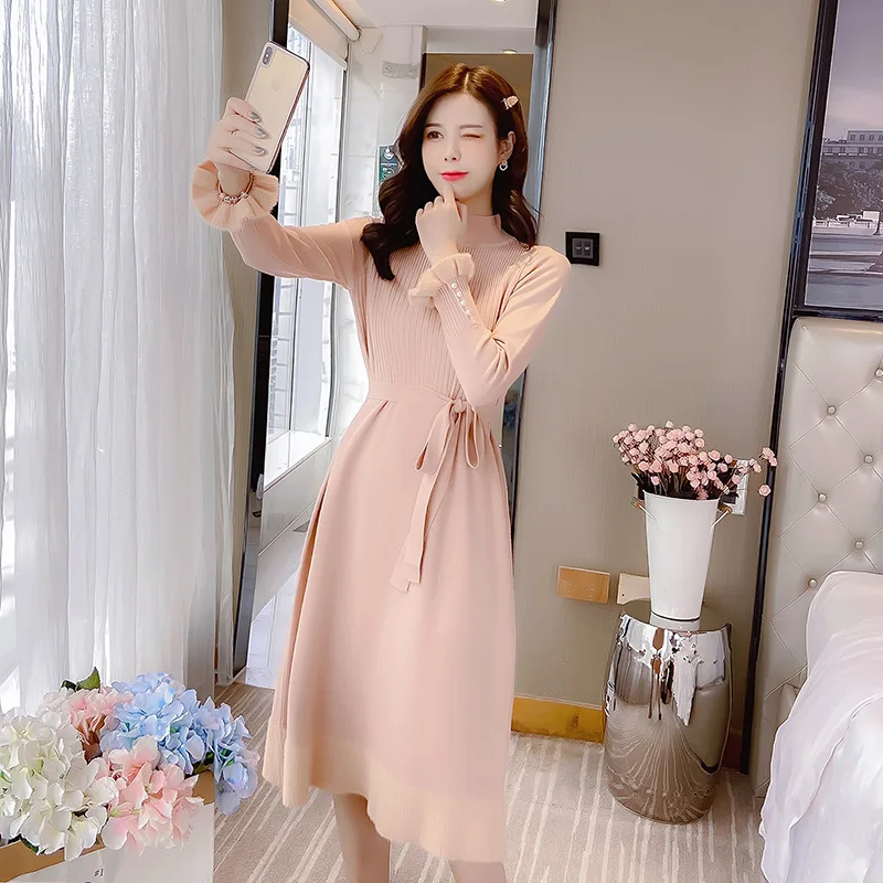 

Spring Clothing 2020 Early Spring New Style Sweet Beads Bell Sleeve Jersey Dress Women's Lace-up Waist Hugging A- line Medium-le