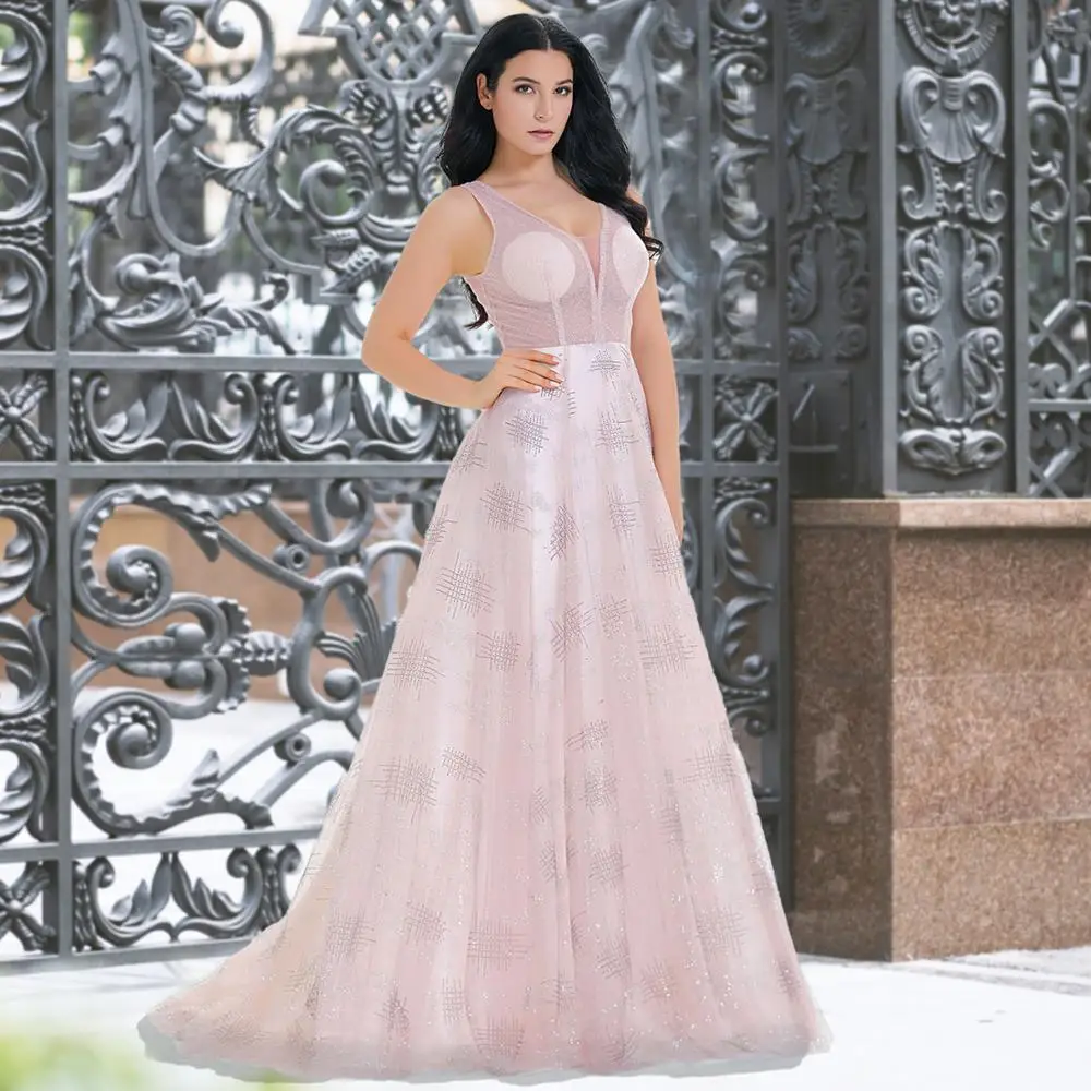 

Evening Dresses Long Luxury Pearl Embroidery Beads Plus Size V-Neck A-Line Sleeveless Lace Backless Formal Party Prom Gown Tulle