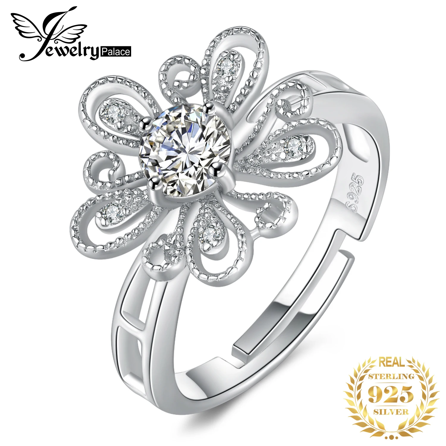 JewelryPalace Flower 925 Sterling Silver Cubic Zirconia Adjustable Open Simulated Diamond Cocktail Finger Rings for Women | Украшения и