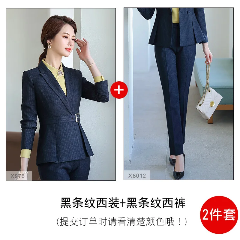Pants suit black str Женский костюм, костюм высокого качества, костюм со штанами, зимняя куртка в полоску с длинными рукавами, женские узкие брюки из двух предметов, деловой офисный костюм - Цвет: Pants suit black str