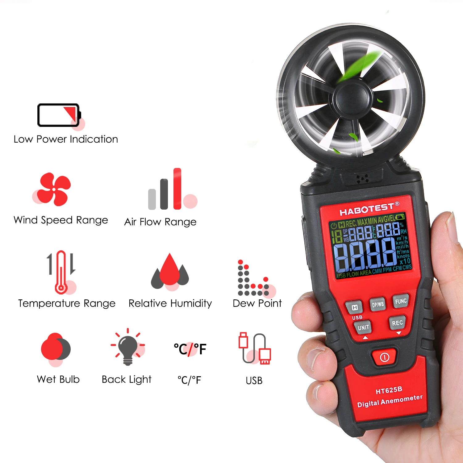 HABOTEST HT625B/HT625A цифровой анемометр, измеритель скорости ветра, измеритель расхода воздуха для измерения скорости ветра, объем воздуха Макс/мин/Авг