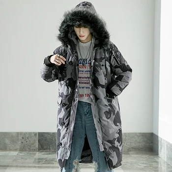 

Camo Winter Long Coat Men Thick Warm Camouflage Puffer Jacket Japanese Streetwear Fur Hooded Winter Jacket Plus Size