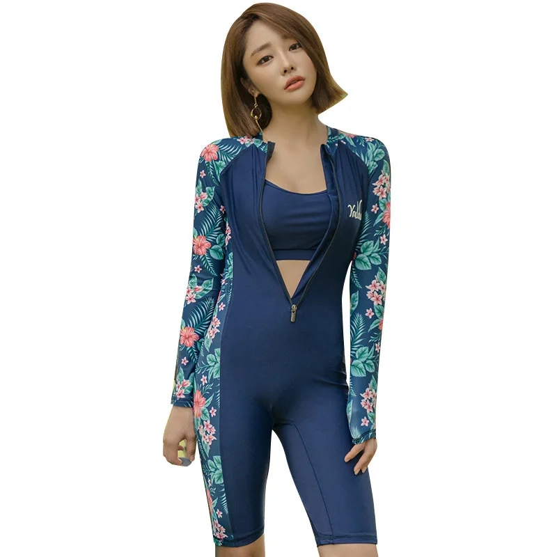 

2019 Korean Style Diving Suit WOMEN'S Swimsuit One-piece Shorts Three-piece Set Long Sleeve Sun-resistant Zipper Surfing Jellyfi