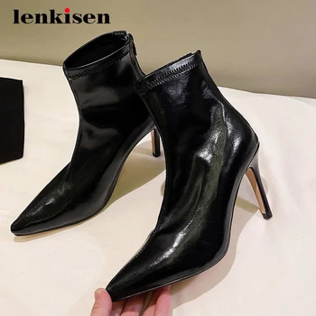 

Lenkisen high street fashion microfiber large size pointed toe super high heel zipper nightclub superstar mature ankle boots L63