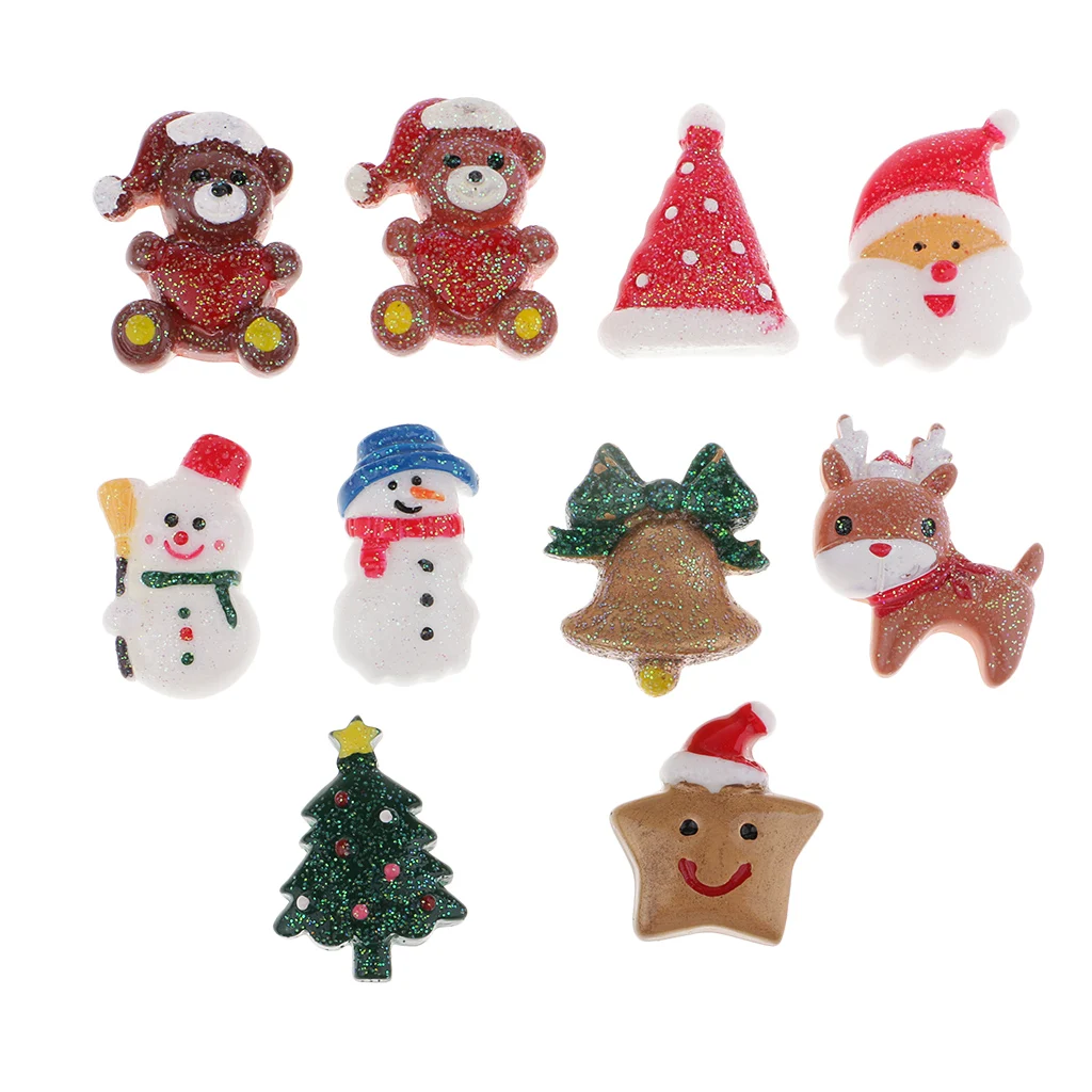 10pcs Assorted Christmas Resin Flatback Embellishment Cabochon for DIY Art Crafts Miniature Garden Ornaments Dollhouse Supplies