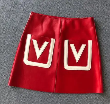 Autumn real Genuine leather skirts women sexy high waist V splicing Big pocket sheepskin real leather female short A- line skirt - Color: Red