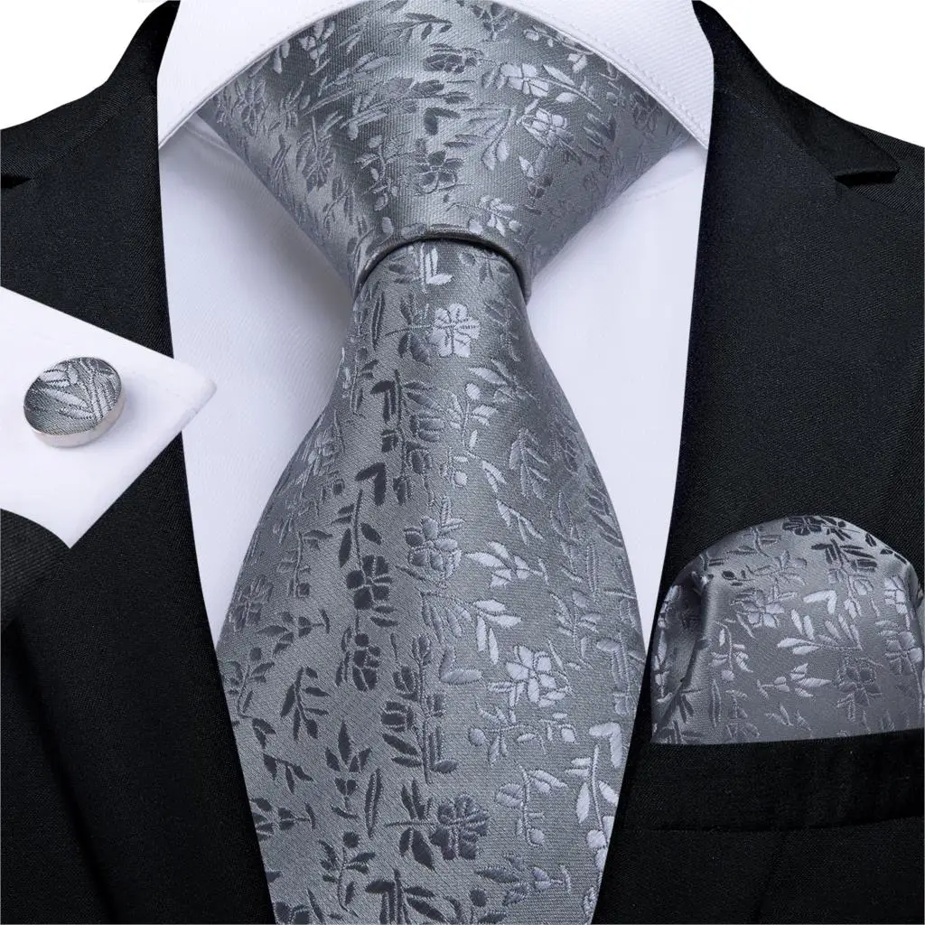 Подарок мужской галстук серый однотонный Цветочный Шелковый Свадебный галстук для мужчин Hanky запонки деловой мужской галстук набор DiBanGu дизайнерский вечерние MJ-7268 - Цвет: MJ-7268