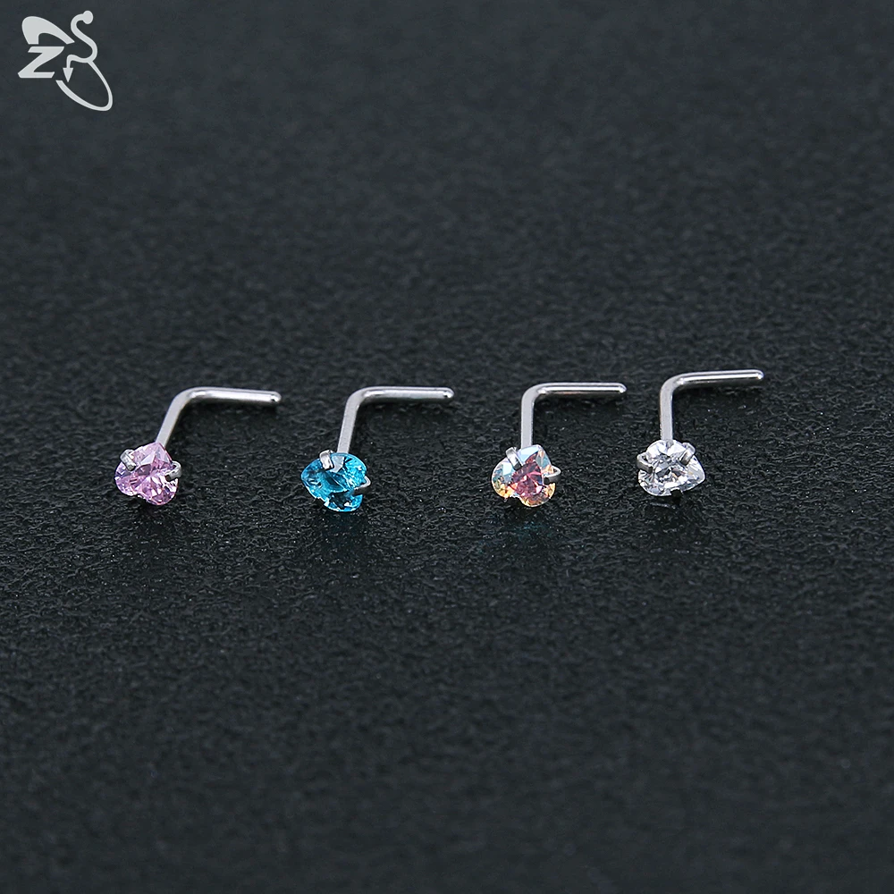 ZS 9-12PCS 316L Stainless Steel Nose Stud Sets Colorful 3mm CZ Crystal Nose Piercing 20g Bone/L Shaped/Nose Screws Nose Ring Set