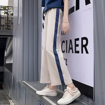 

Women Elastic Waist Nine Pants Split Fork High Waist Wide Leg Straight Sports Casual Trousers New Arrival