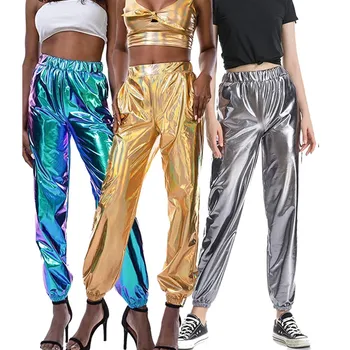 

Metallic Shiny Jogger Pants Hip-Hop Women High Waist Holographic Color Trousers Fashion Solid Female Elastic Waist Harem Pants