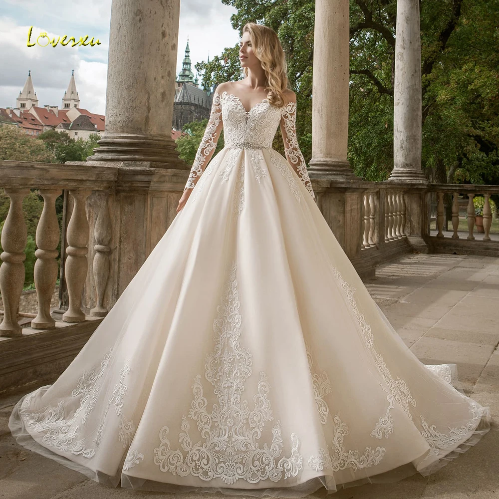 Loverxu Sexy Illusion Long Sleeve Lace Princess Wedding Dresses Luxury Appliques Sashes Court Train Vintage Bridal Gowns