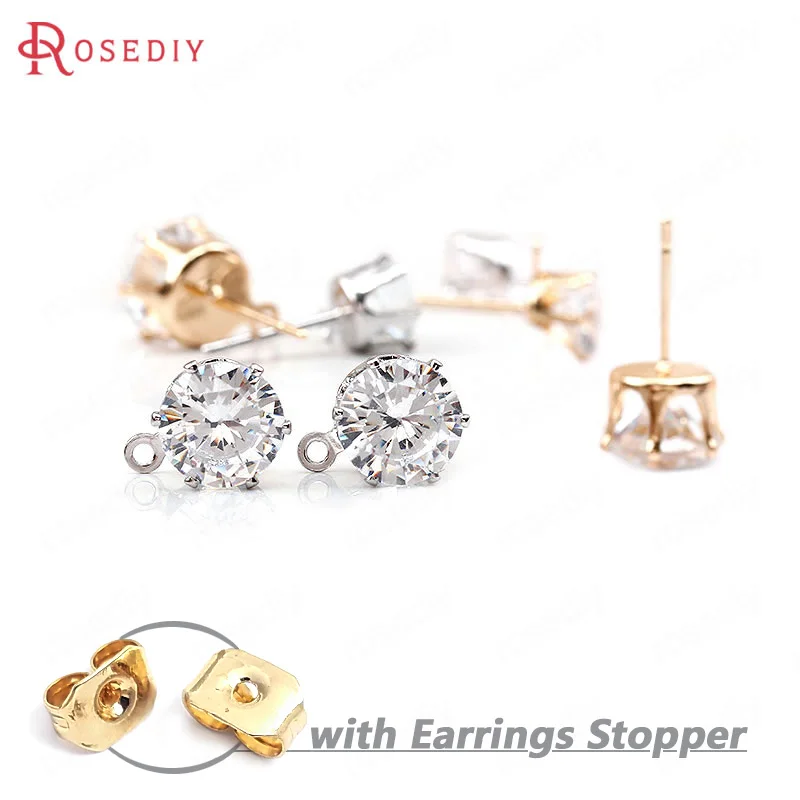 

(B017)20 pieces 6mm 8mm 24K Gold Color Brass with Zircon Round with Hanging Hole Stud Earrings Diy Jewelry Findings Accessories