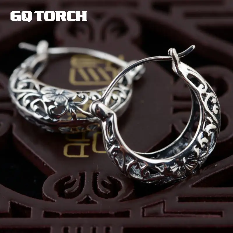 GQTORCH Настоящее серебро 925 Серьги капли для женщин Винтажный стиль полый цветок