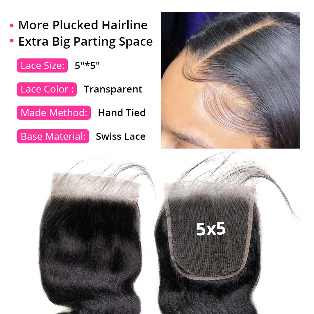 Brazilian Hair Human Hair Bundles with Closure Bone Straight 5x5 Lace Closure Weave Bundles With Human Extension