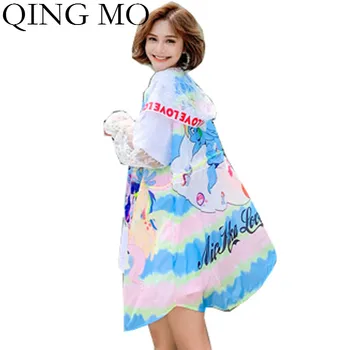

QING MO White Women Hooded Sun Protection Coat 2020 Women Cartoon Printed Coat Female Lace Patchwork Coat Outwear ZQY3971