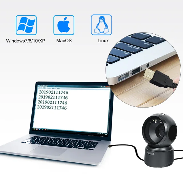 상단 2D 바코드 스캐너 이미지 플랫폼 데스크탑 스캐너, 1D 2D QR 코드 리더, USB 전방향 고속 정밀 내구성