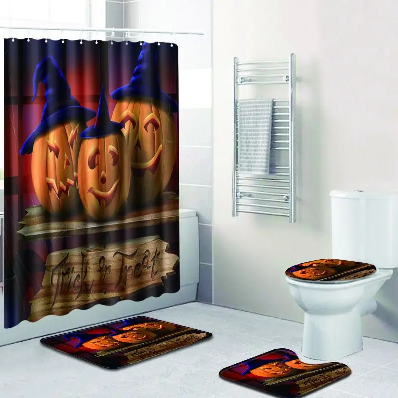 

Pumpkin Lantern Halloween 3D Print Shower Curtain Bath Rug Toilet Cover Bath Mat Waterproof Polyester Bathroom With Hooks Home