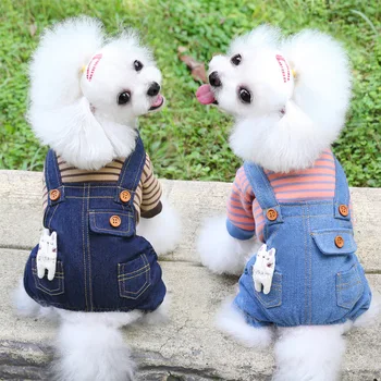 

2020 Autumn and Winter Newest Style Pet Dog Clothes Striped Fleece Denim Overalls Double-Layer Four-Leg Thick Dog Onesie Overall