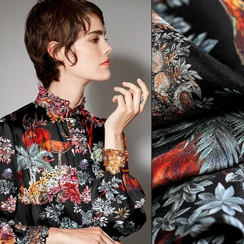 

140CM Wide 17MM Forest Print Black Silk Crepe de Chine Fabric for Summer Dress Shirt Scarf Cheongsam Skirt Suit E1102