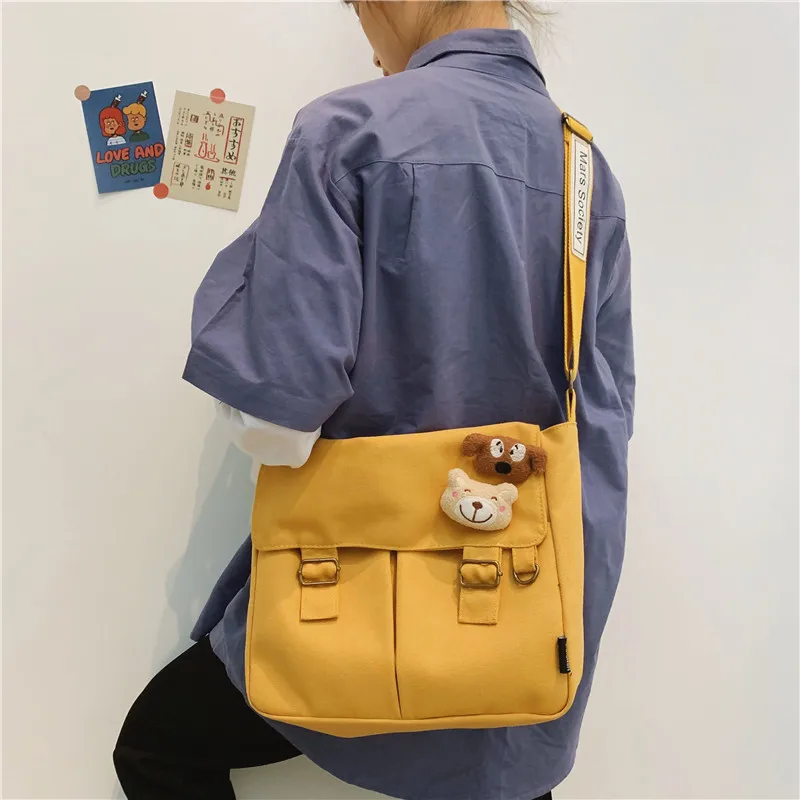 

New Style Korean-style INS Vintage Sense Cartoon GIRL'S Canvas Bag Students Messenger Bag Japanese-style Cute Soft Girl Shoulder