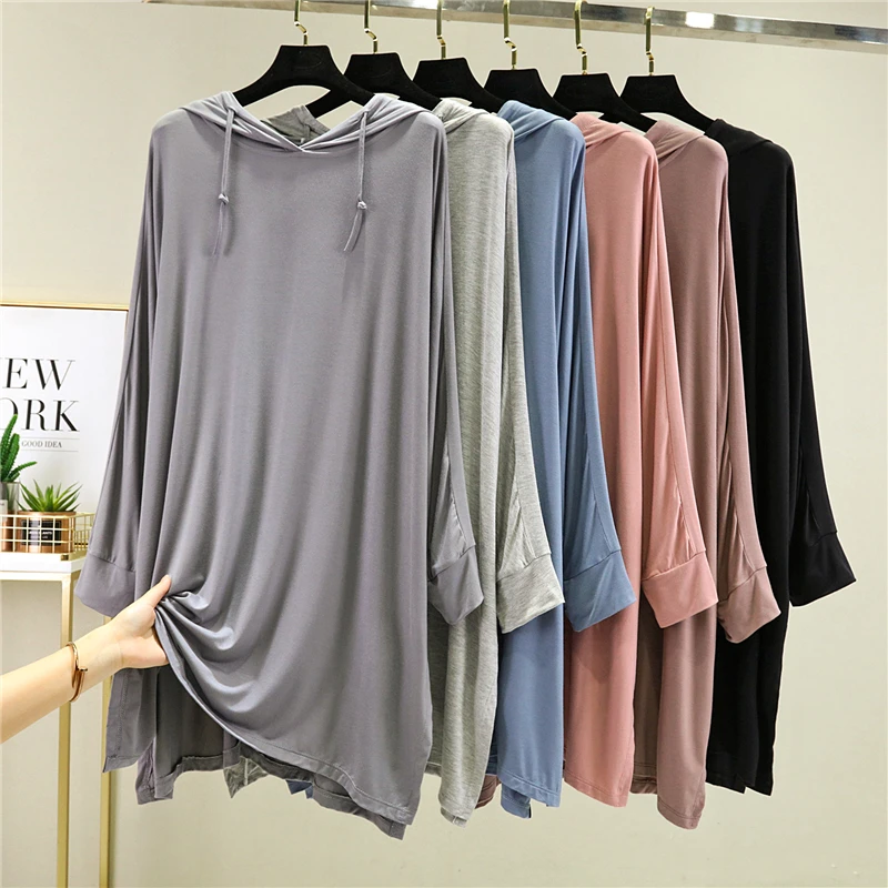 

Modal Cotton Long Sleeve Hooded Dress 2021 Women's Autumn Thin Sunscreen Long Top Loose Bottom Mini Dress Split T-shirt Dress