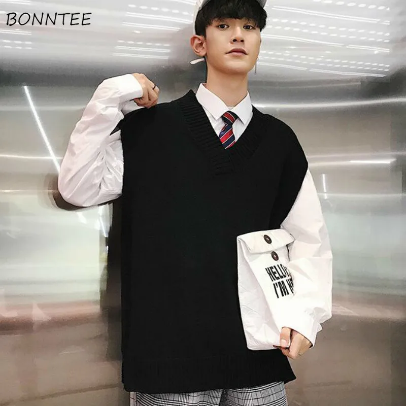 Suéter Chaleco de los hombres de Corea de moda-Encuentro de chalecos de hombre con cuello en V sólido sin mangas Casual Simple Chic suelto Harajuku Streetwear