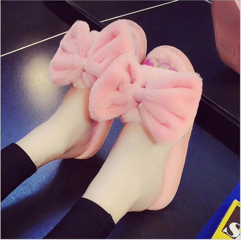 

2019 New Autumn & Winter Women's Slippers Sweet Bowknot Solid Peep Toe Plush Super Soft Home Slippers Non-slip Cotton Slippers