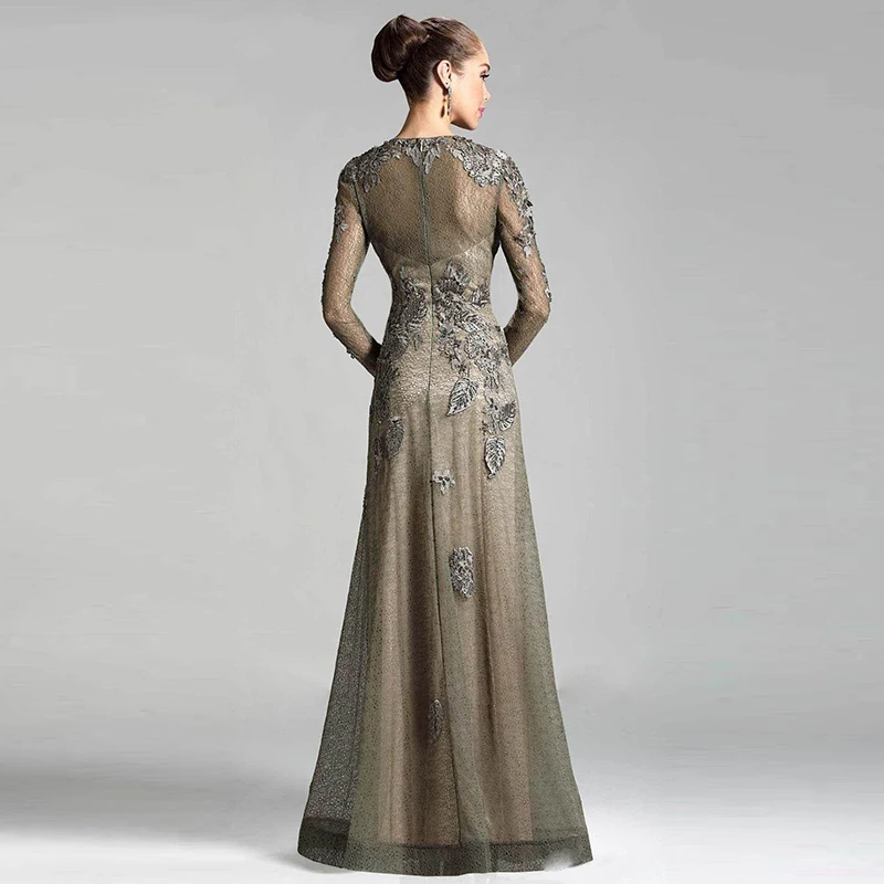Mother Bride Dresses Elegant Brown grey Lace A Line Long Sleeve Mother of the Bride Dresses Jewel Neck Wedding Party Gowns Appliqued