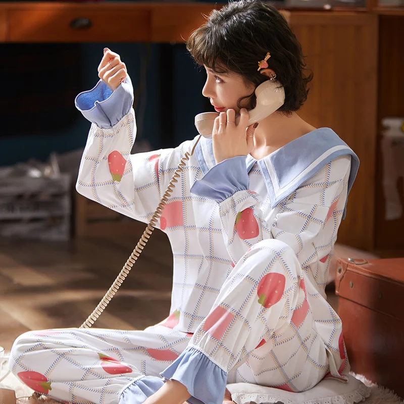 

6624 # Mixed Colors leagor Strawberry Pullover Jyr Long Sleeve Sweet INS Princess Style Pajamas Tracksuit Two-Piece Set