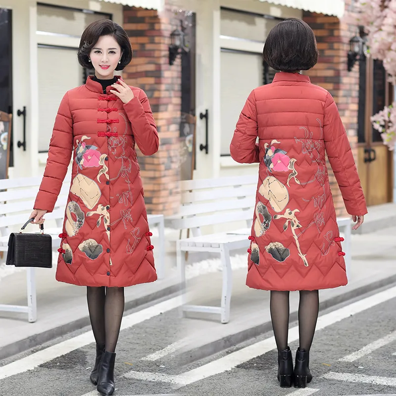

Middle-aged WOMEN'S Cotton-padded Clothes Coat Women's Mid-length Frog Mom Chinese Costume Cotton-padded Jacket Thick Winter dow