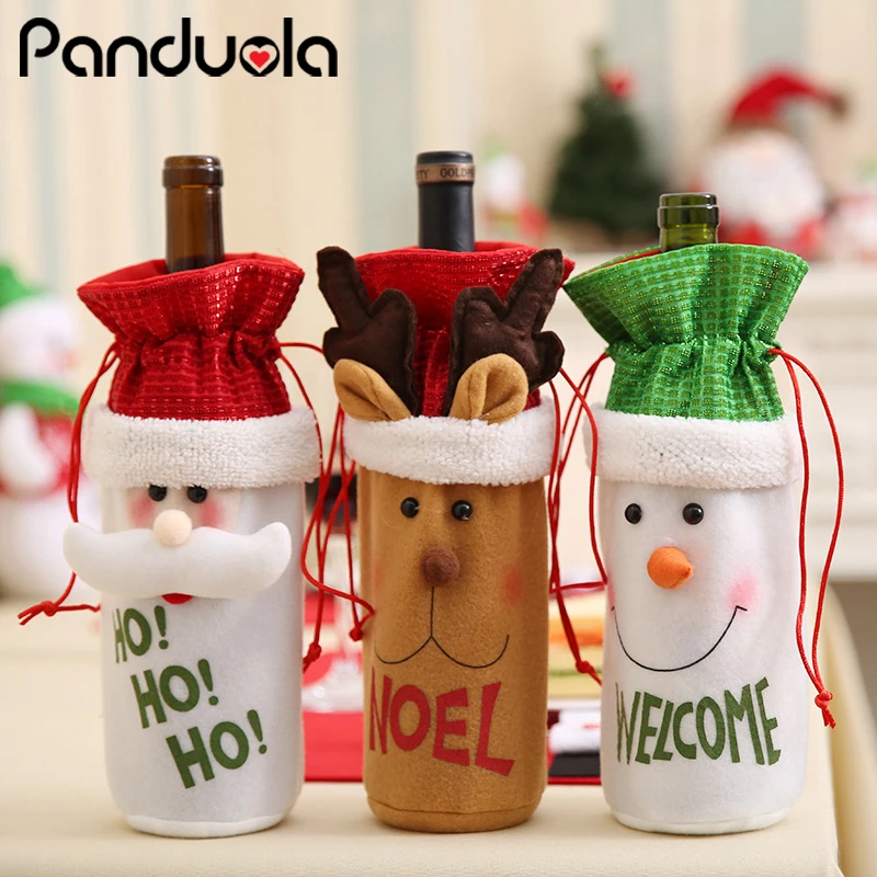 

Christmas Red Wine Bottle Covers Bags Dinner Party Table Decorations for Home Santa Claus Snowman Reindeer New Year Navidad Gift