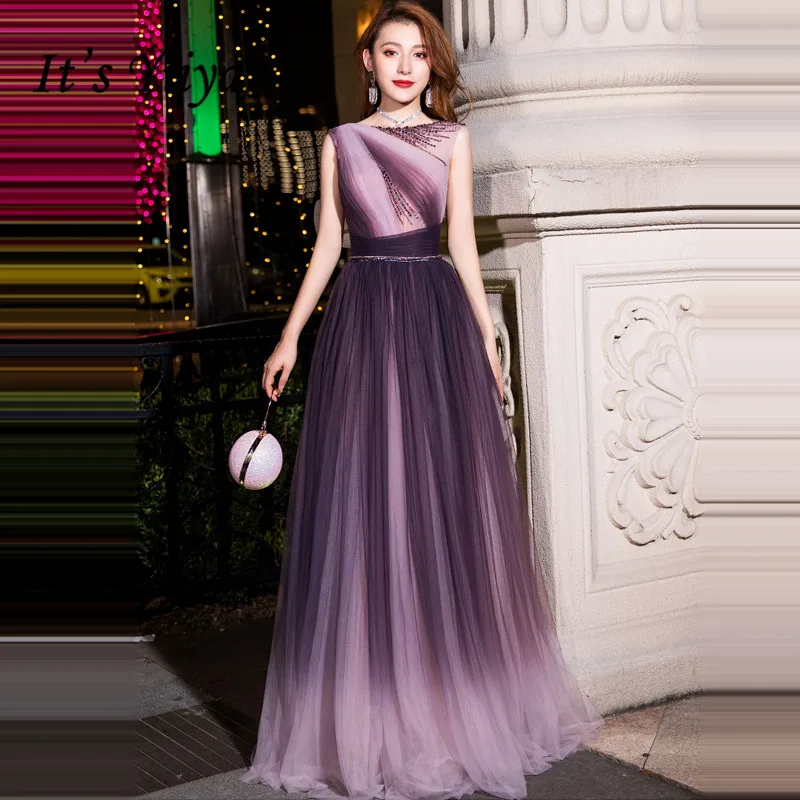 Это Yiiya вечерние платья градиентное фиолетовое вечернее платье без рукавов с круглым вырезом Длинные вечерние платья размера плюс robe de soiree LF019 - Цвет: Фиолетовый