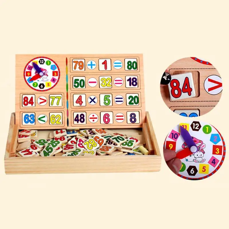 Kids Maths Teaching Box Set Children Wooden Number Counting Math Toy Baby Mathematics Sticker Calculate Game Toy Education Block
