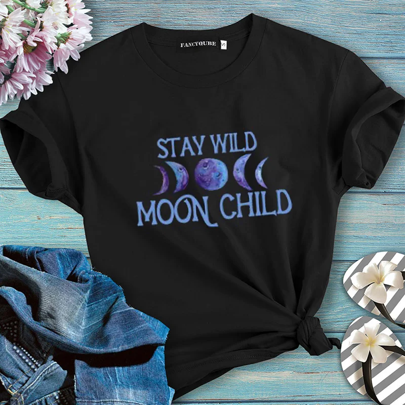 Gothic Women's Tshirt STAY WILD MOON CHILD Print T-shirts Female Short Sleeve Tees camiseta de las mujeres