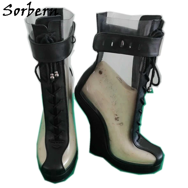 Sorbern 블랙 매트 암소 가죽 부츠 여성 발목 높은 레이스 업 Heelless 플랫폼 신발 라운드 발가락 페티쉬 신발 수제 부티