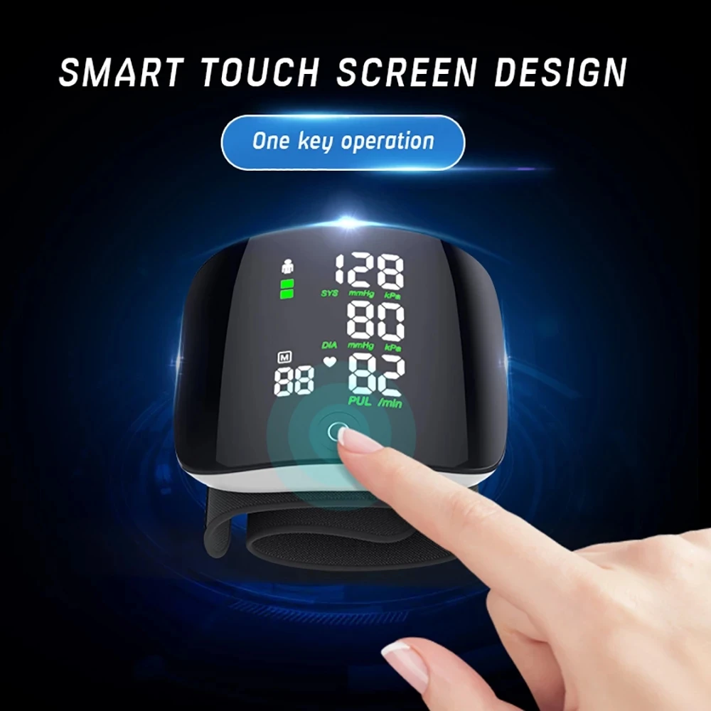 Pantalla LCD táctil inteligente recargable, Monitor de presión arterial de muñeca con voz, tonómetro Digital automático, esfigmomanómetro de frecuencia cardíaca