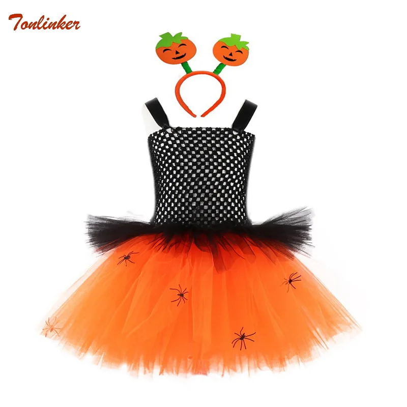 Костюм паука вечерние для девочек на Хэллоуин оранжевое платье пачка с повязкой