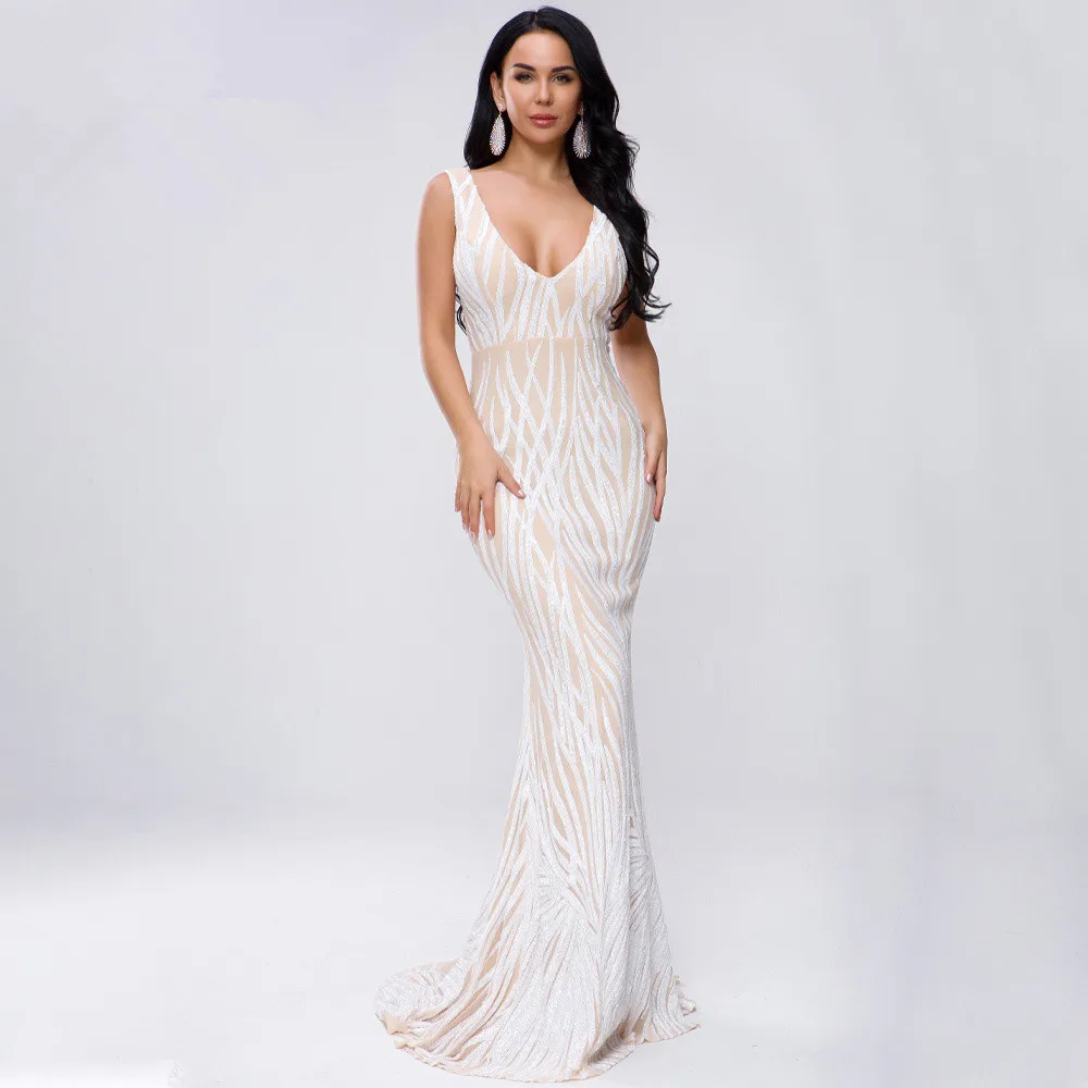 2 цвета длинное платье элегантные вечерние платья знаменитостей для ночного клуба женское сексуальное облегающее свадебное платье с v-образным вырезом - Цвет: Белый