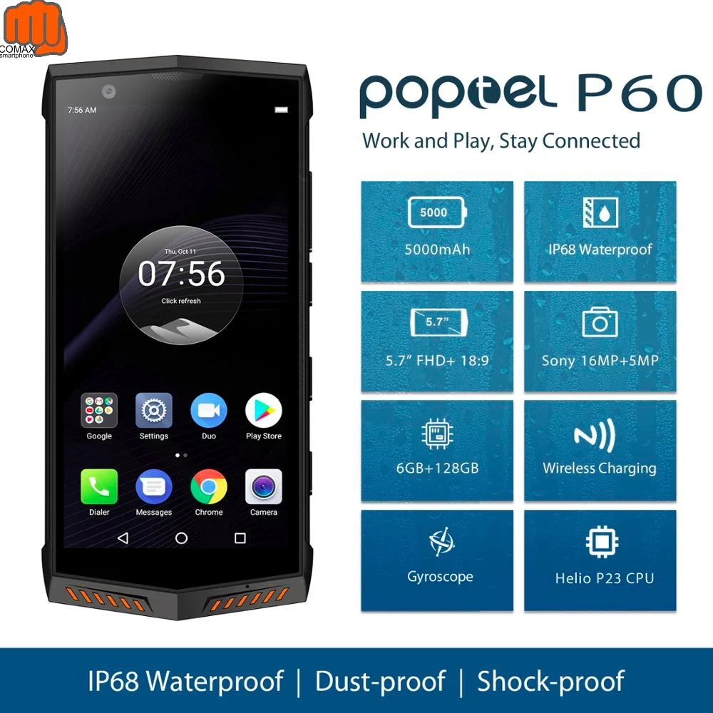 

2020 Poptel P60 rugged smartphone with PTT 6+128G RAM wireless charging FaceID 5000mah battery NFC 16MP dual camera