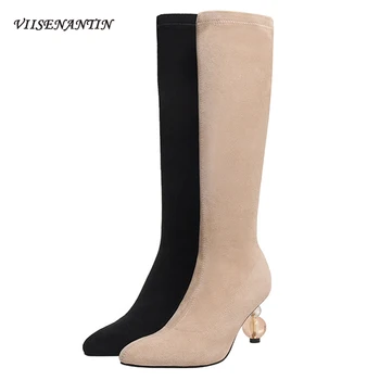 

Crystal Gourd Heel Women Stretch Boots Autumn Winter New Style Suede Pointed Toe Strange Heel High Heel Knee-length Thin Boots