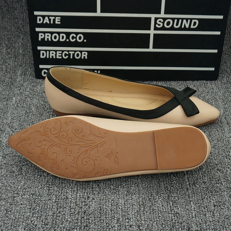 Ladies Bow Leather Flat Shoes Woman Pointed Toe Ballet Flats Women's Slip On Loafers Soft Moccasins Female Maternity Work Shoes