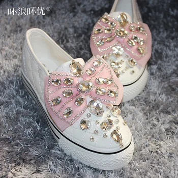 

Womens Round Toe Canvas Bowknot Rhinestones Diamond Flats Shoes White Summer Loafer Slip On Breathable New