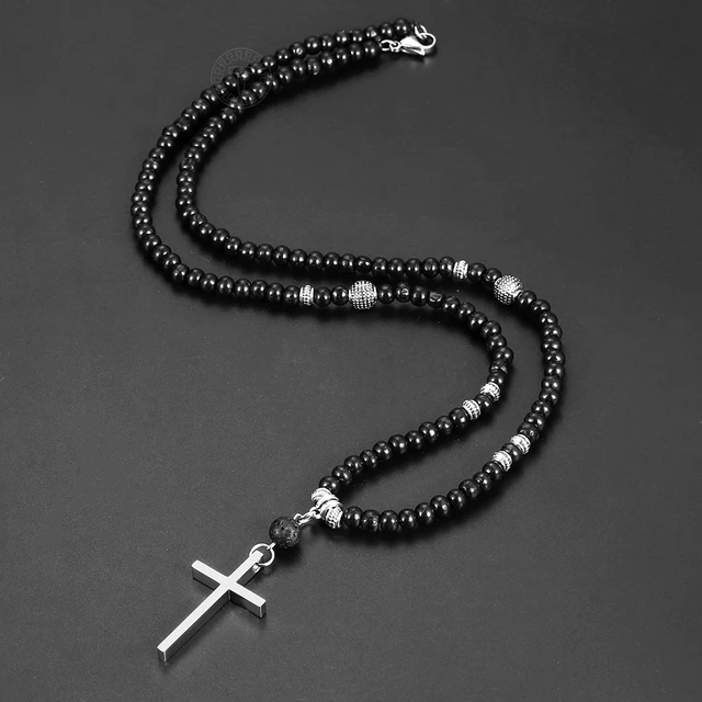 Collana rosario nero da uomo donna con croce ciondolo crocifisso lunga 50  cm