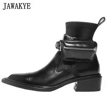 

Black Leather Square Toe Chelsea Boots Street Fashion Pocket Decor Autumn Motorcycle Boots Ankle Long Shoes Female Boots